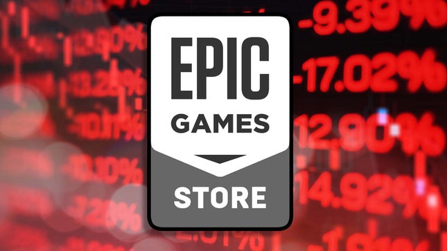 Bir resimde negatif, kırmızı sayıların önünde Epic Games Store logosu gösteriliyor. 